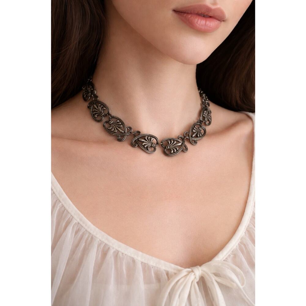 Vintage Margo De Taxco Sterling Silver Necklace Choker Mexican Heart Link Signed - Picture 2 of 13